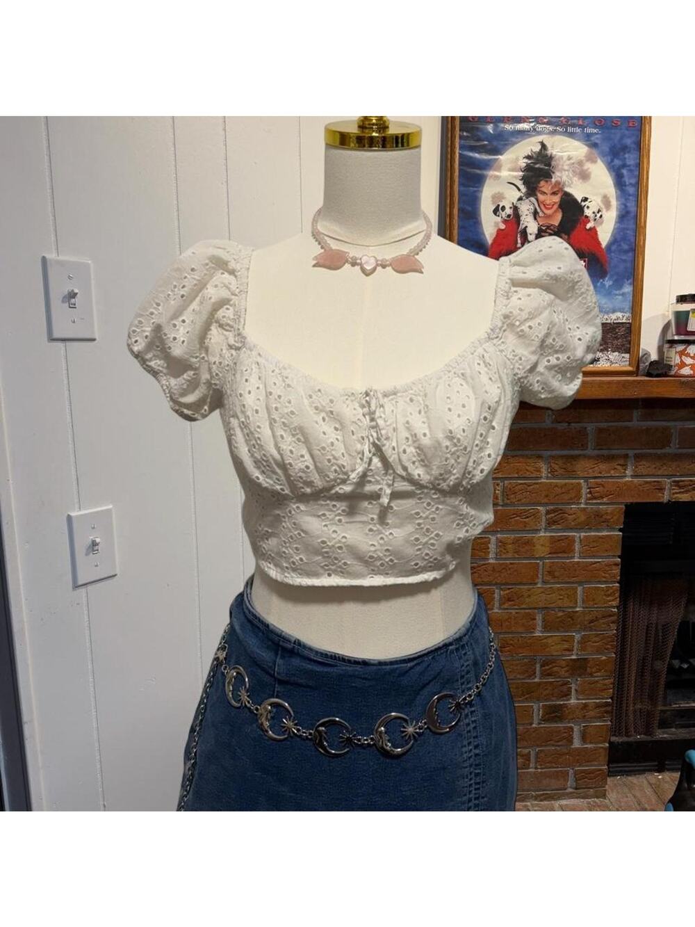 Hollister white eyelet crop top with tie detail Size Medium